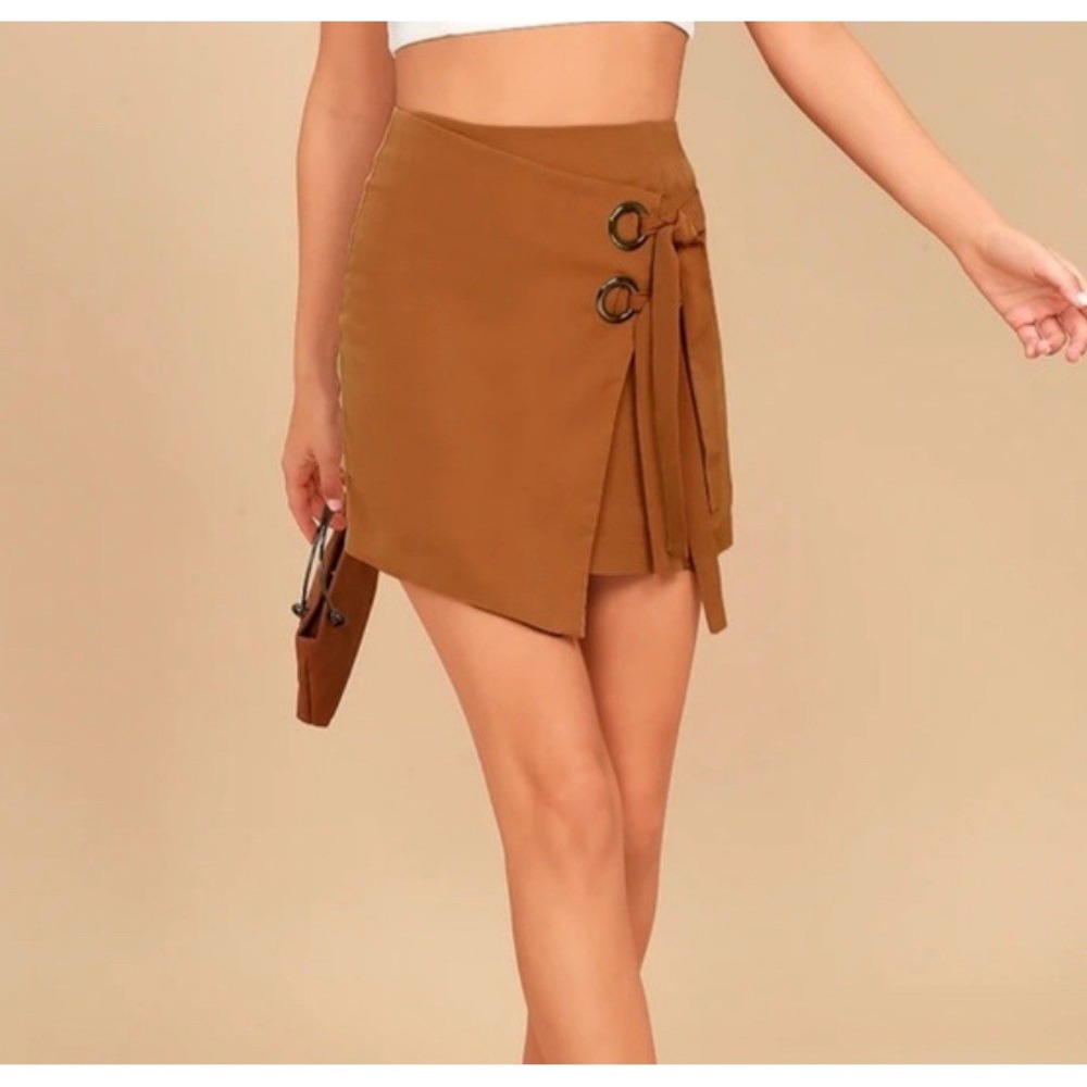 J.O.A. Brown Mini Wrap Skirt with Side Tie Grommets Size Large